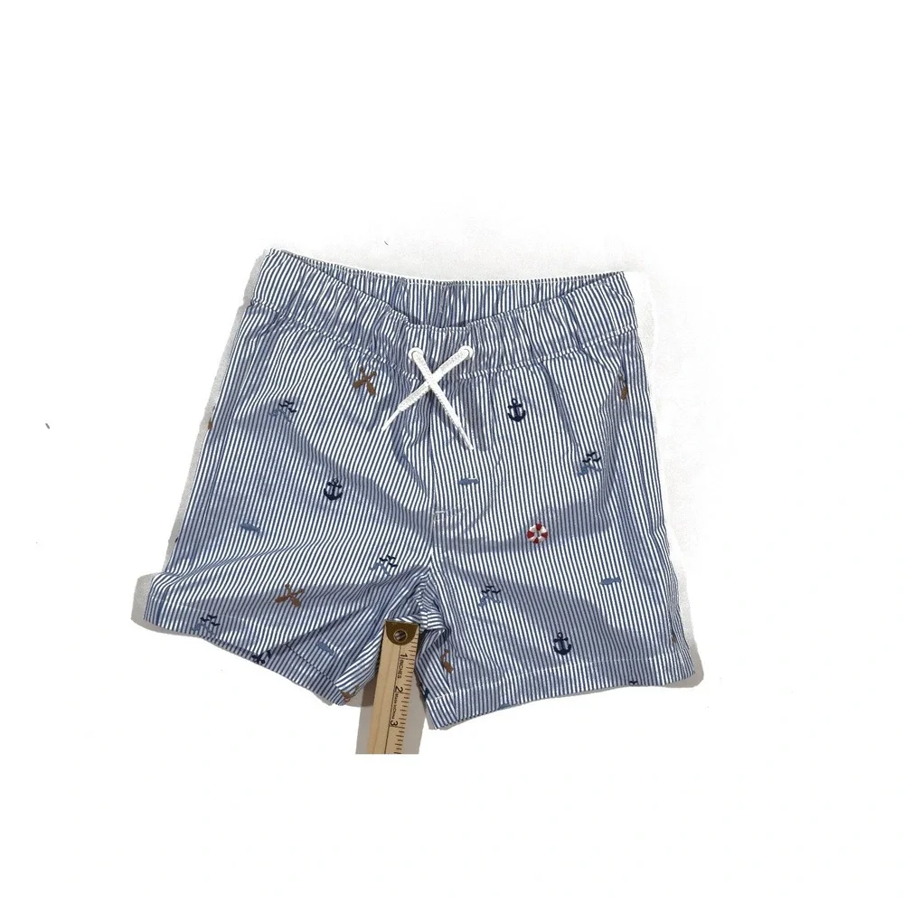 J.Crew Boys Swim Trunks Blue White Striped Nautical Anchor Oars 4 5 EXCELLENT